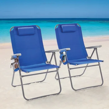 2-Pack Balstiem Pusguļus 4-Pozīciju Lielajam Pludmales Krēsls, Blue Kempinga Krēsls Recliner Krēslam Āra Krēsls