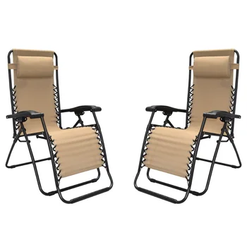 2 Pack Tērauda Nulles Gravitācijas Krēsls - Bēša Pludmales Krēslu Āra Krēsls Kempinga Krēsls Terašu Mēbeles Recliner Krēslam Āra Mēbeles