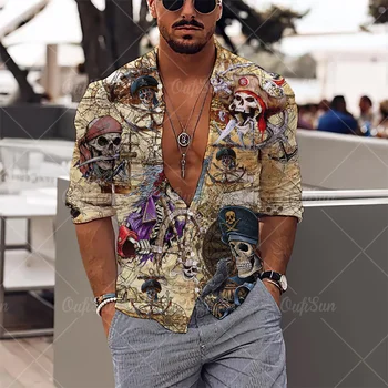 2023 3d Galvaskausa Drukāt Ziedu Krekli Vīriešu garām Piedurknēm Vīriešu Apģērbu Rudens Gadījuma Modes Streetwear Hip Pop Atloks Top Melna