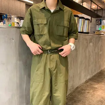 2023 Jauno Japānas Vintage Darba Uzvalku jumpsuit Vīriešu Modes Zīmola Ikdienas Īsās Piedurknes Jostu Deviņiem Gabals Bodysuit