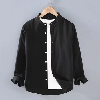 2023 modes melns lina krekls stand apkakli, garām piedurknēm Henrijs krekls mīksts un ērts vienkāršs vīriešu krekls vienkrāsainu vasaras