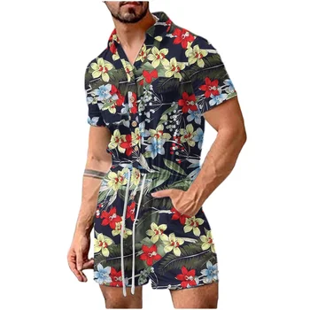 2023 Ziedu Drukāt Romper Vīriešiem Ar Īsām Piedurknēm Jumpsuit Vasaras Pludmali, Valkāt Hawaii Playsuit (Dungriņi) Gadījuma Viens Gabals Šorti Tērpiem