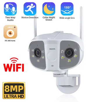 4K Dual Objektīvs CCTV Wifi Novērošanas IP Kamera Outdoor 8MP 180°Ultra Platleņķa Panorāmas Cilvēka Atklāšanas Video novērošanas Kameru