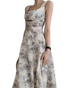 Drukāt Midi Kleita Sievietēm 2023 Modes Elegants Slim Laukumā Apkakles Vasaras Kleita Fairycore bez Piedurknēm Siksniņas Y2k Kleita