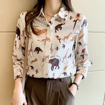 Dzīvnieku Print Sieviešu Krekls Vintage Elegants Šifons Blūze 2021. Gada Pavasarī, Rudenī Garām Piedurknēm, Sieviešu Zoo Drēbes Satīna Tops
