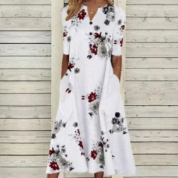 Elegants Cieta Krāsu Drukas Ziedu V-veida Kakla Pogu Kleita Sieviešu Modes Vasaras Vintage ar Kabatas Cēloņu Zaudēt Kleitas Vestidos