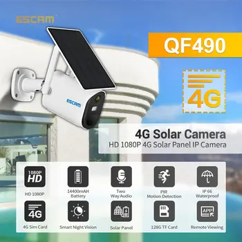 ESCAM QF490 1080P Mākonis Uzglabāšanas 4G Sim karte, Akumulators PIR Signāla IP Kamera Ar Saules Paneli, Pilna Krāsu Nakts Redzamības divvirzienu Audio