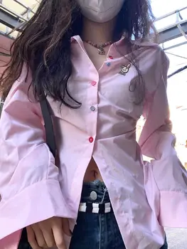 Korejas Modes Rozā Krekls Y2k Streetwear Garām Piedurknēm Izšuvumi Blūze Sievietēm Vintage Topi Pogu Harajuku Estētisko Krekli