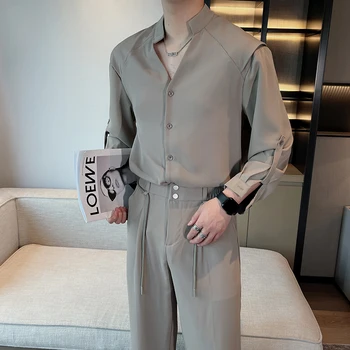 Krekli+Bikses Modes Slim Fit Gadījuma Vīriešiem Komplekti, Vienkārša V-veida kakla ar garām Piedurknēm Krekli un Bikses Streetwear Vīriešu uzvalku Plus Izmērs 2XL