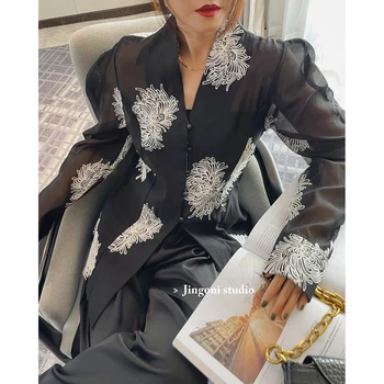 Krekli, Blūzes 2023 Tops Ar Garām Piedurknēm Vintage Vasaras Stilīgs Korejas Lielgabarīta Izšūti Acs Augstas Jaciņa Kultūru Elegants Apģērbs