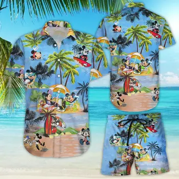 Mickey Mouse Salds Vasaras Brīvdienas Havaju Kreklu un Kuģa Šorti Disney Modes Īsām Piedurknēm Krekls Uzstādīt Mickey Vīriešiem Streetwear