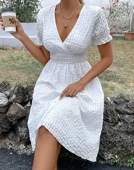 Modes Elegants Kleitas Sievietēm Cietā V Kakla, Vidukļa, Ietin Pleds Modelis Vafeļu Adīt Gadījuma Salda Stila Mini Kleita 2023 Jaunas