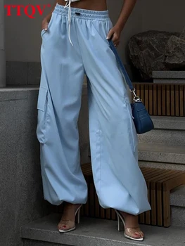 TTQV Elegantu Zilu Vaļīgas Bikses Sievietēm 2023 Modes Kokvilnas Plaša Kāju Bikses Streetwear Rudens Cietā Kabatas Sieviešu Treniņbikses