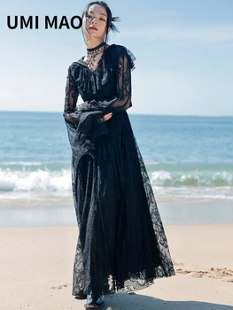 UMI MAO Yamamoto Tumši Gothic pelēkā vārna Kleitu Elegants Sieviešu Pavasara Vintage Raibs Mežģīnes Double-Line Kleitas Femme Y2K