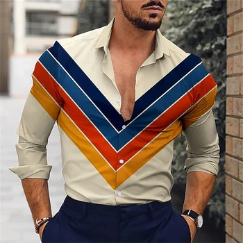 V-varavīksnes 3D iespiesti vīriešu krekli ar garām piedurknēm un atlokiem un pogu topi ir moderns un gadījuma vīriešu ielas apģērba.