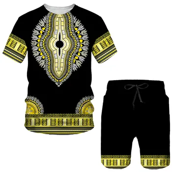 Vasaras Āfrikas 3D Iespiesti Streetwear Gadījuma Tracksuit Retro Stila Hip Hop T-krekls + Šorti Komplekts Vīriešu un Sieviešu Sporta Tērps