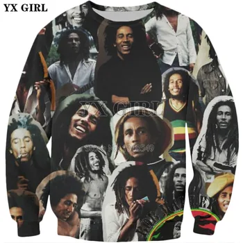 YX MEITENE Piliens kuģniecības 2018 Jaunu Modes Krekls Regeja Bob Marley Raksturs kolāža Drukāt 3d Vīrieši/Sievietes Crewneck sporta Krekls