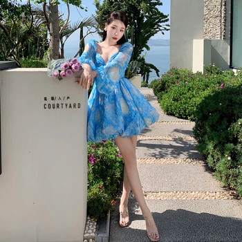 2023 Jauno Vasaras Šifona Īso Brīvdienu tērps Sievietēm korejas Pasaku Kleita Puse Elegants Backless Šiks Gudrs Luksusa Bohēmietis Dress