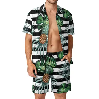 Tropu Ananāsu Vīriešiem Komplekti Melnas Svītras Drukāt Ikdienas Kreklu Komplekts Smieklīgi Pludmales Šorti Vasaras Grafiskais Uzvalks Divu gabals-Drēbes